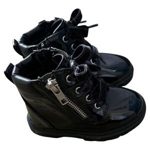 Wonder Nation Black Girls Silver Accent Zippered Faux Laces Patent Combat Boots